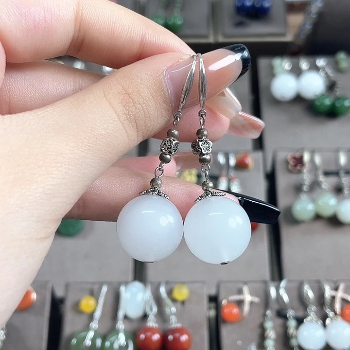 石英质玉（金丝玉）银S925镶嵌耳饰16左右