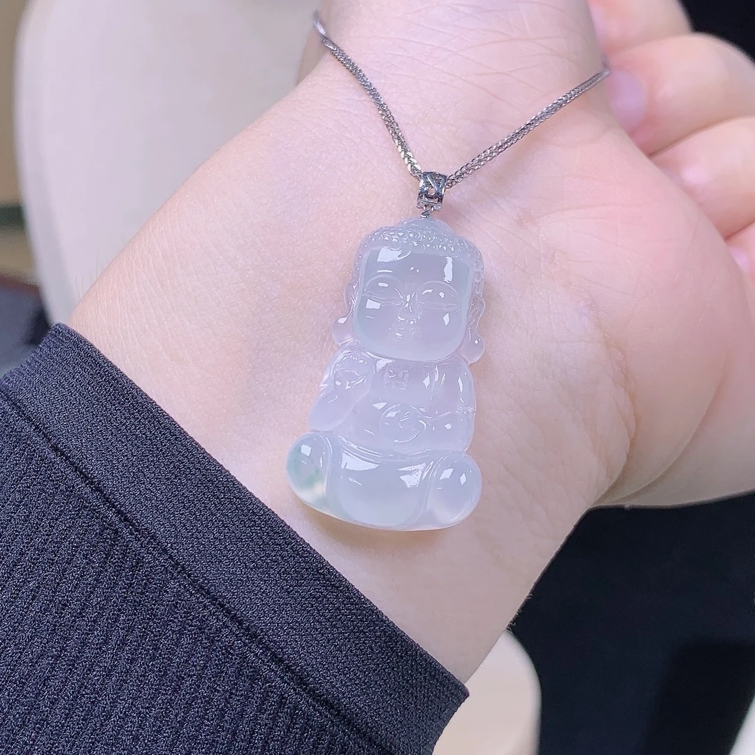 缅甸天然A货翡翠镶嵌18k金冰种飘花宝宝佛吊坠礼物冰透34×21×5.6