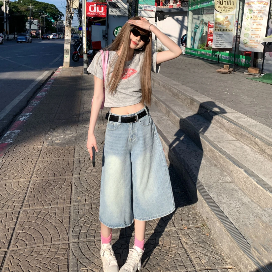 REDR复古阔腿七分牛仔裤女2025夏季高腰宽松显瘦百搭直筒过膝中裤