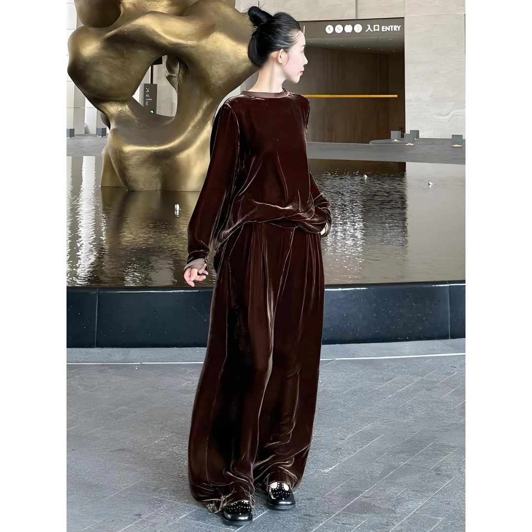 2025新款早秋穿搭一整套时尚巨好看小香风棕色上衣阔腿裤两件套装