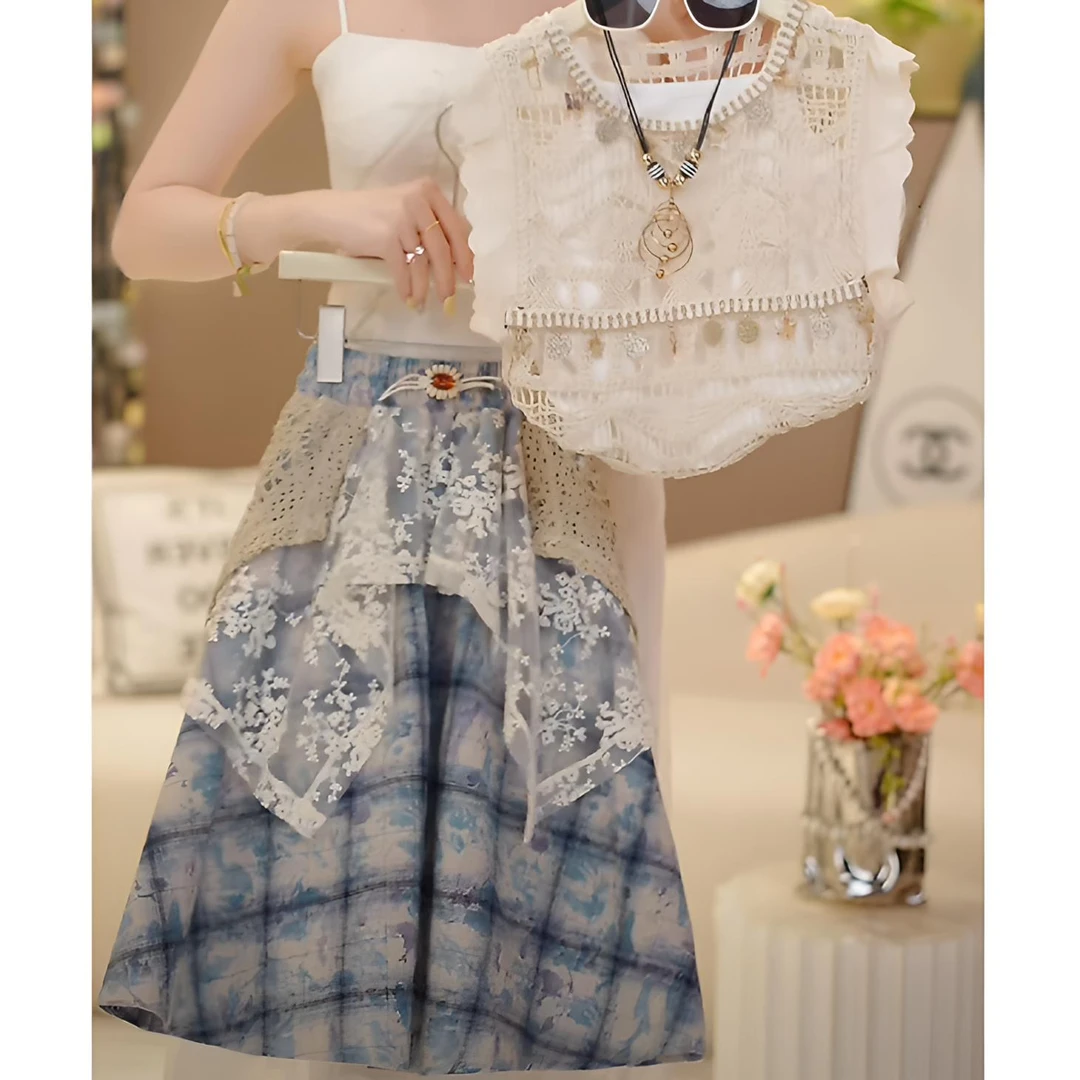 女童连衣裙2025夏季新款背心吊带拼接蕾丝长裙套装韩版时尚复古潮