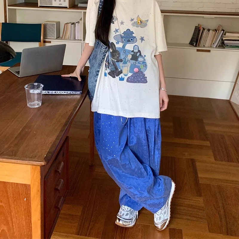 YANAG原创设计宽松阔腿时髦慵懒松紧抽绳银点长裤休闲舒适裤子