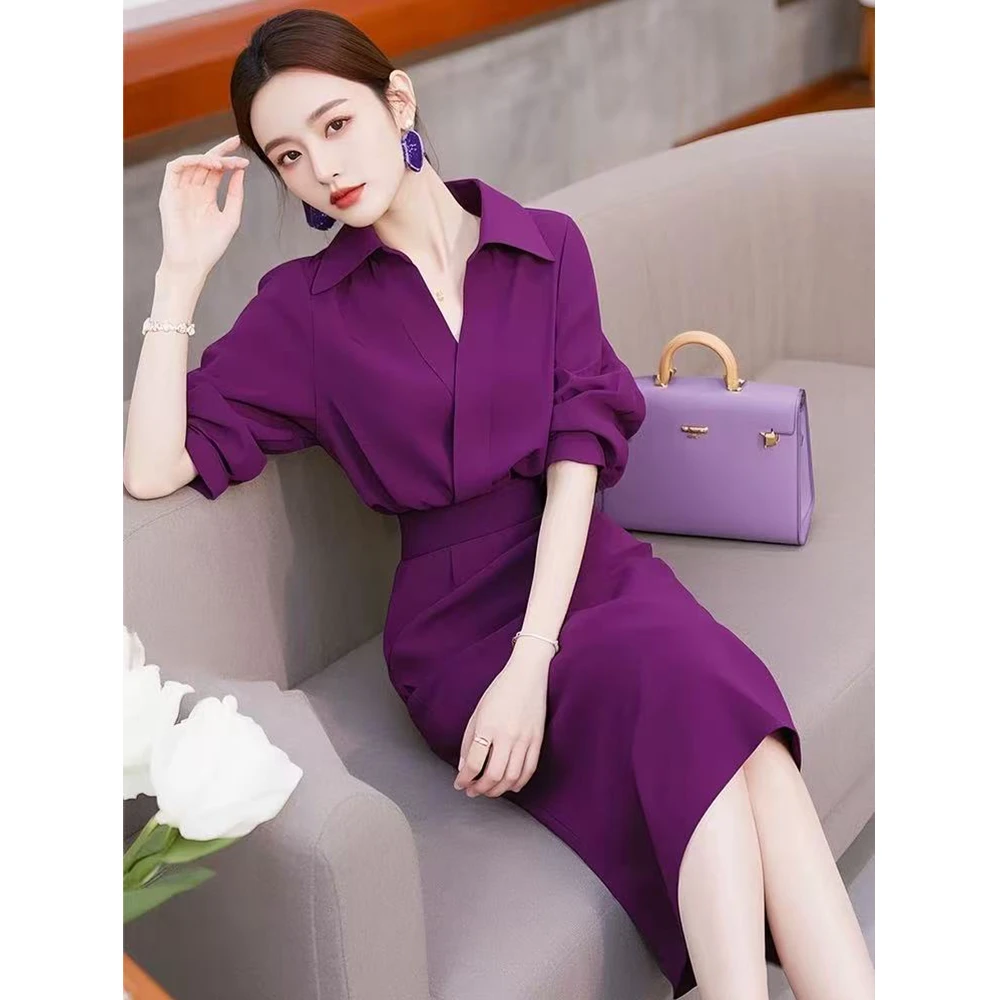 开春气质穿搭轻奢高级感洋气大方得体上梨形穿搭紫色亚麻衬衫套装