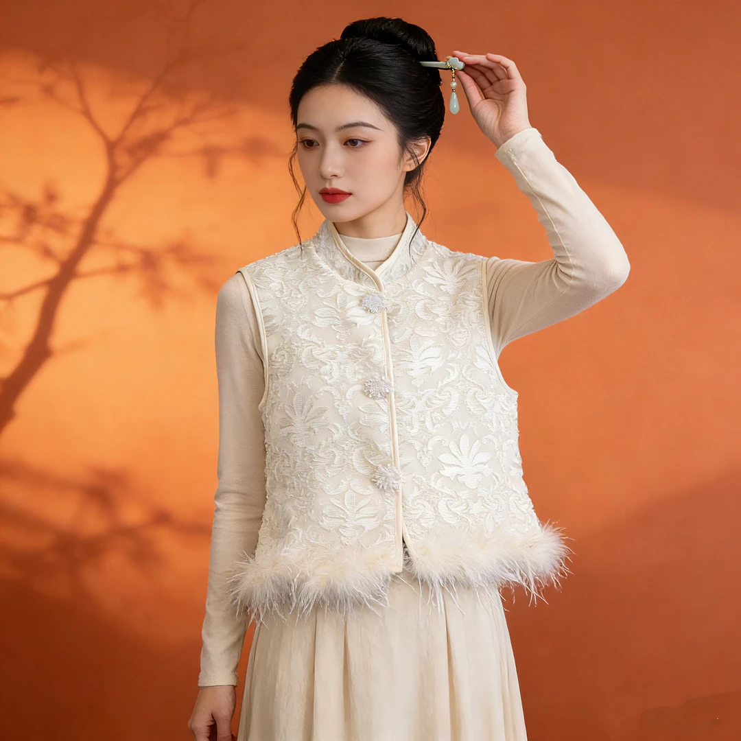 3503 镜花缘 烧花丝冬款加绒加厚年轻改良旗袍马甲【单独甄毛马甲】