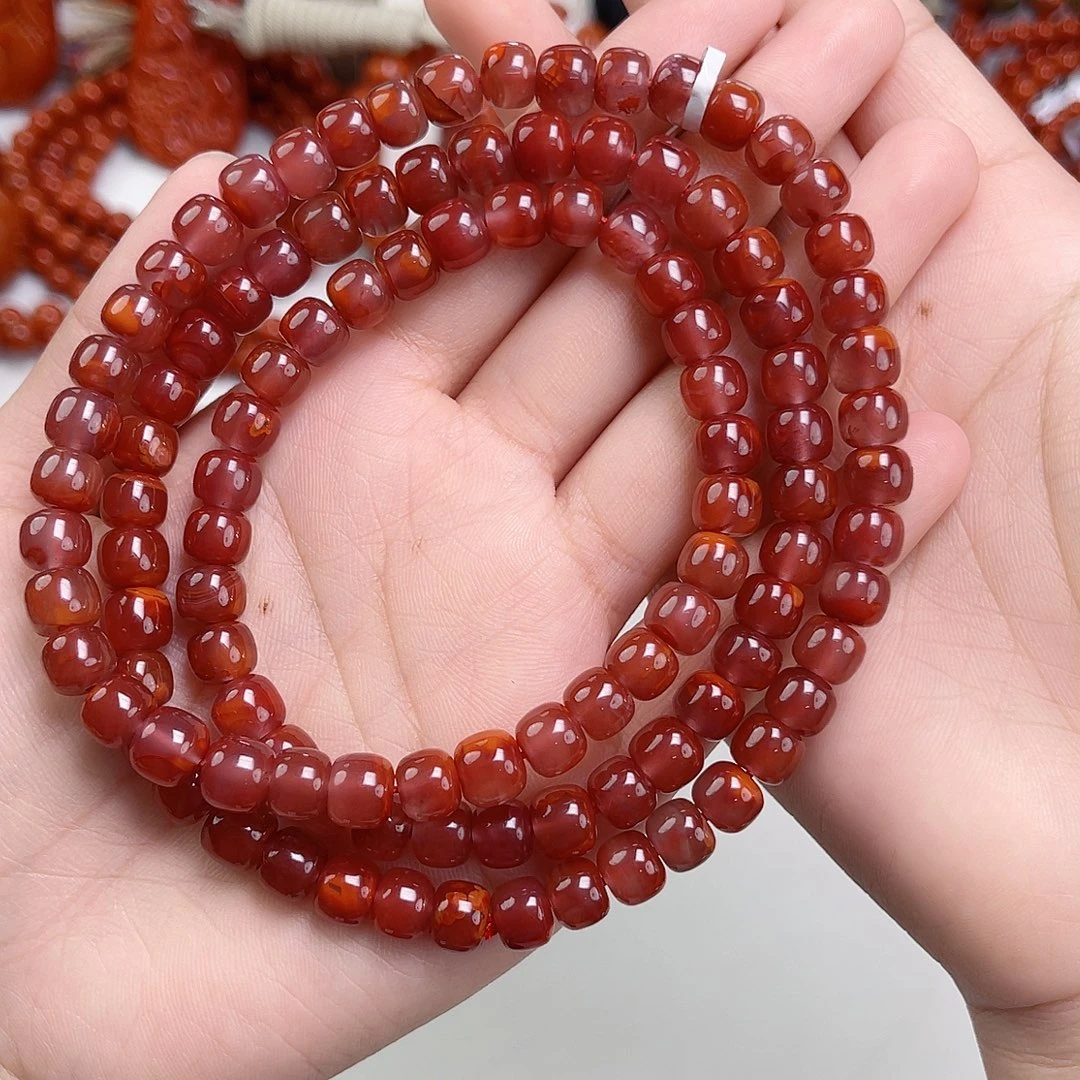 绝***度南红玛瑙未镶嵌手链瓦西高货牛血红老型多圈7mm