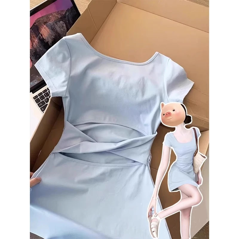 蓝色连衣裙女夏日绝美小裙子收腰a字多巴胺微胖掐腰包臀短裙初夏