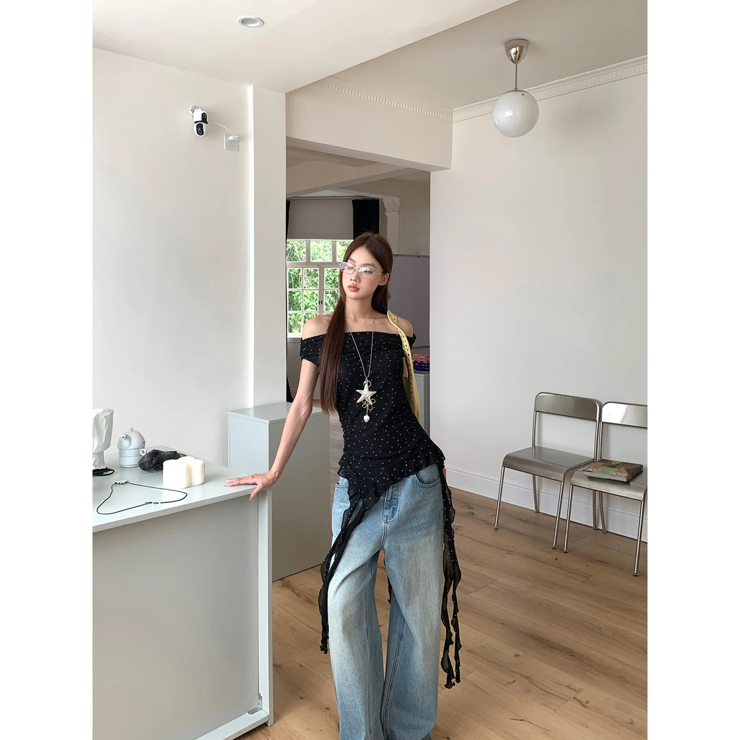 【HRG】夏季纯欲不规则辣妹一字肩显瘦修身T恤252K2234#