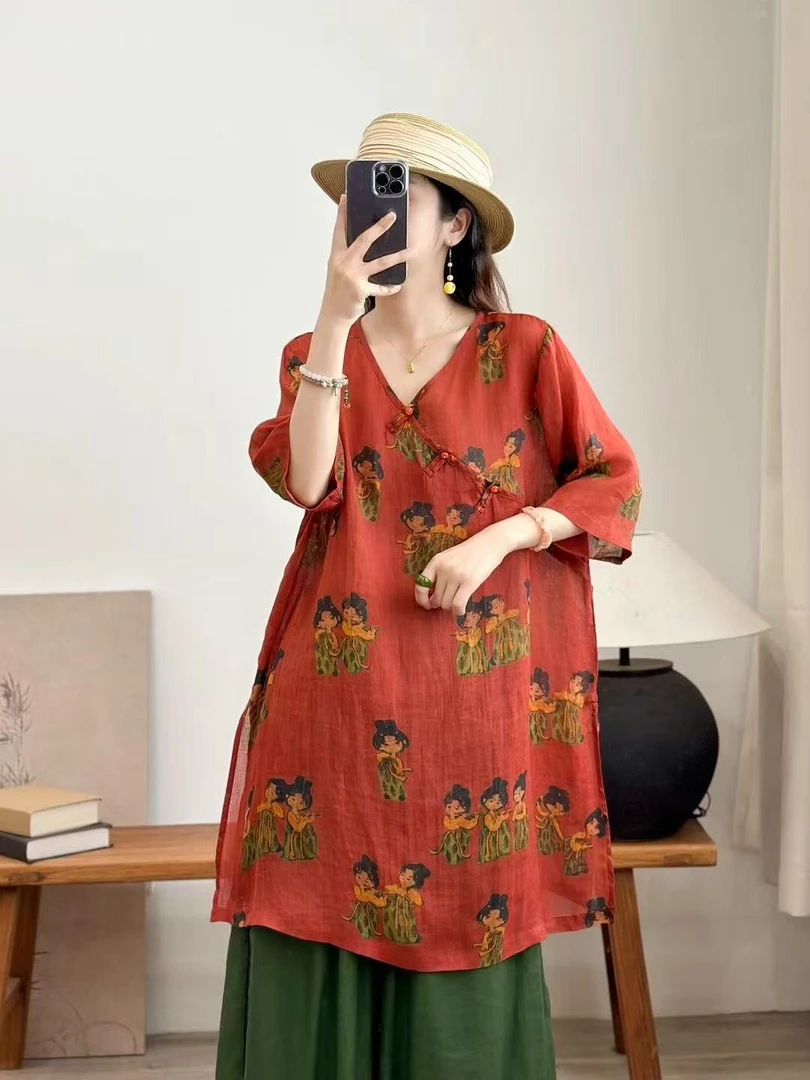 【盛涵】夏季纯苎麻印花中国风A字版斜门襟手工扣显瘦中长款连衣裙