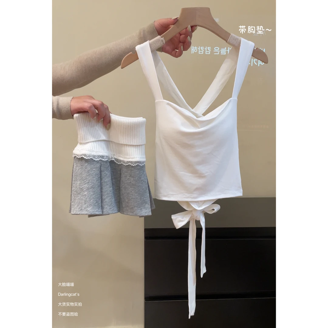 大脸喵 小心机设计满满！白色干净小吊带夏季露背绑带上衣