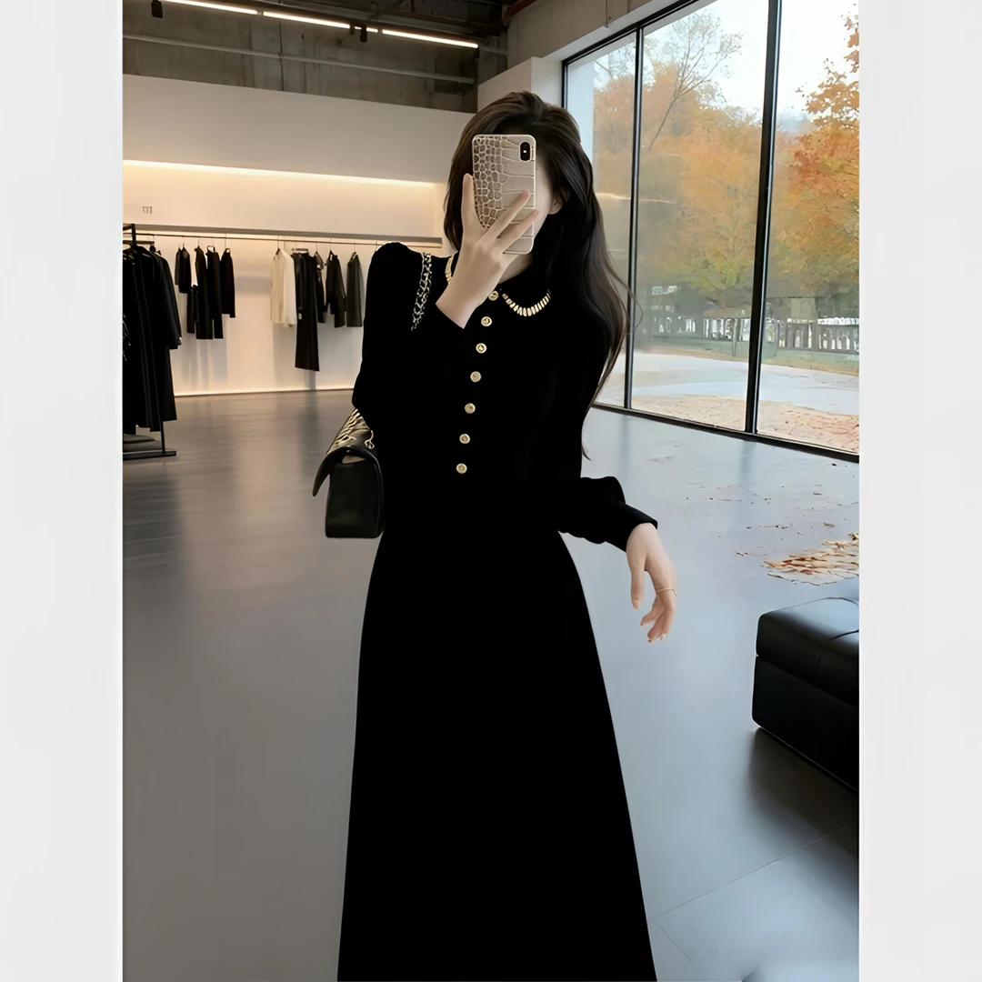 秋冬轻奢高端巨好看独特漂亮气质大方得体掐腰法式黑色丝绒连衣裙