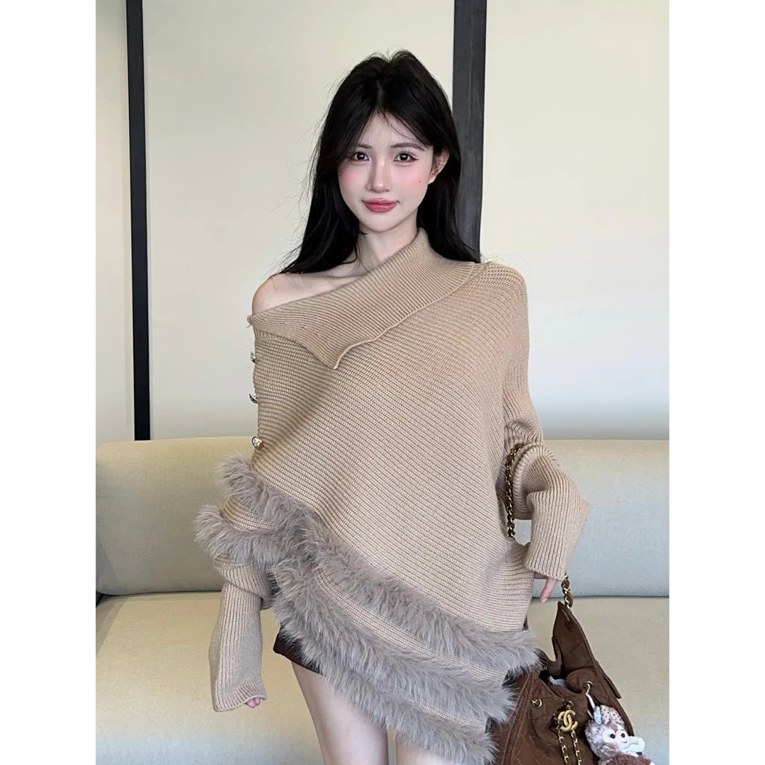 加厚水貂绒慵懒高领毛衣高级感上衣不规则斗篷针织衫打底衫女内搭