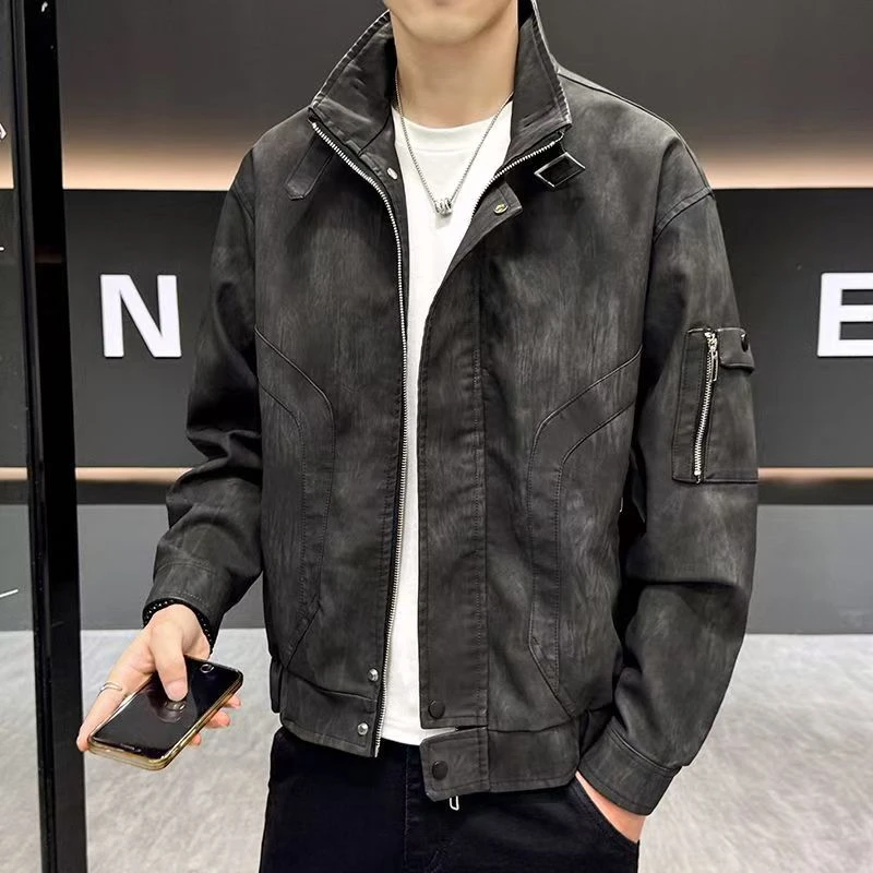 男士痞帅高级感男装机车短款皮衣外套男春秋新款潮流宽松pu皮夹克