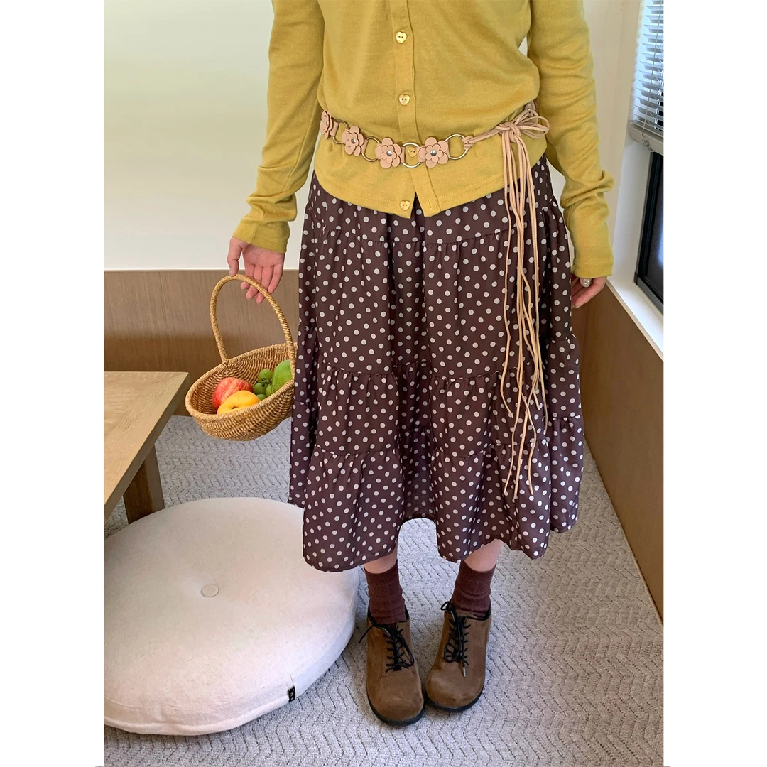NIDEBLACK韩系少女复古咖色圆点半身裙百搭多层拼接蛋糕裙中裙女