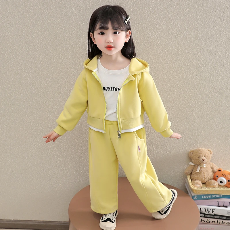 小女童套装儿童运动时尚洋气休闲女孩韩版时髦连帽春秋女宝假两件