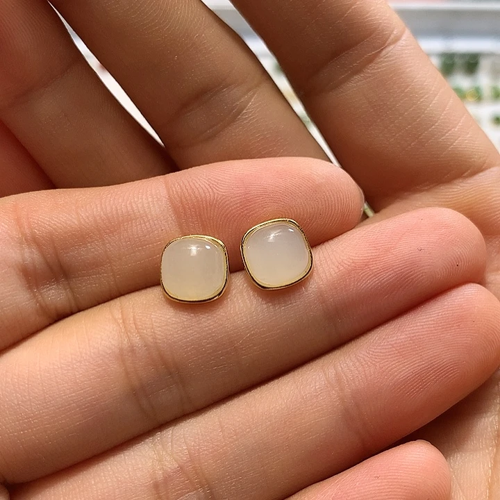 银S925镀金镶嵌和田玉（白玉）耳饰用****2