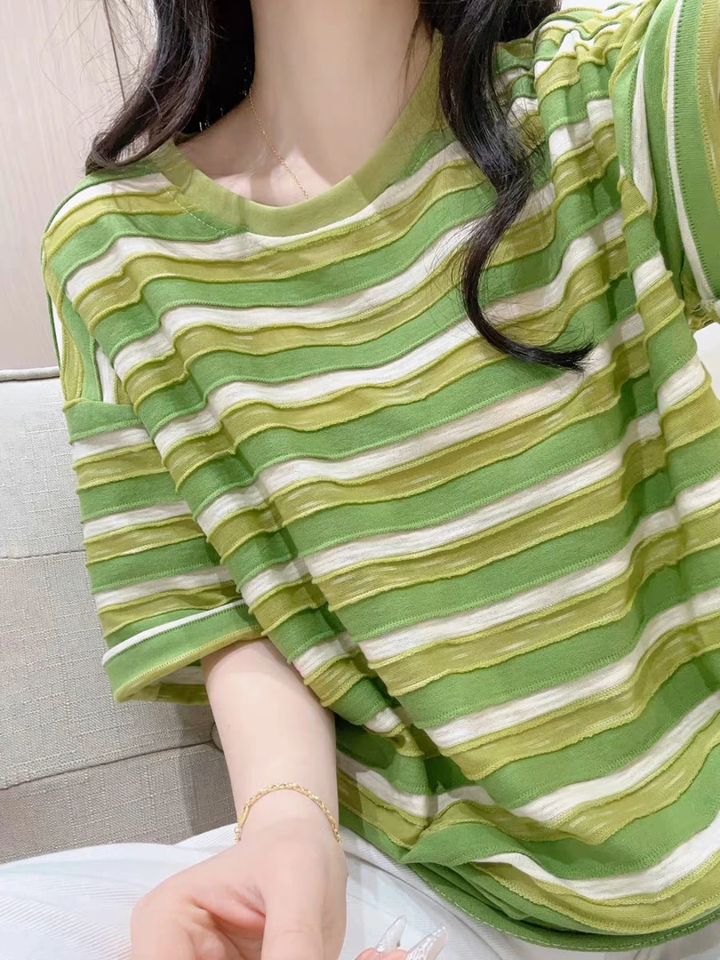 绿色立体拼接条纹圆领短袖t恤女夏季设计感小众宽松休闲半袖上衣