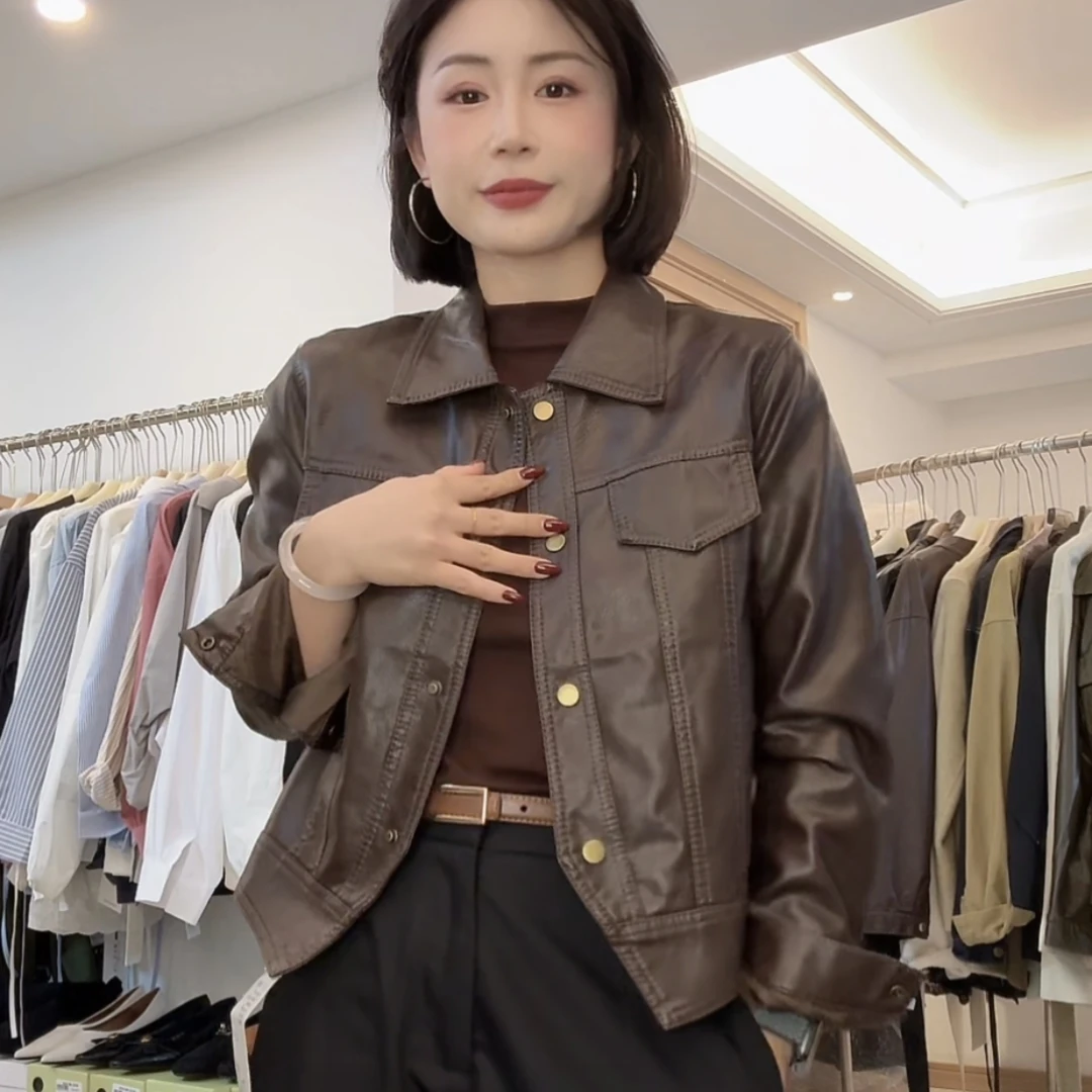 定制款荔枝纹翻领皮衣女2025春季新款休闲皮衣外套女机车服