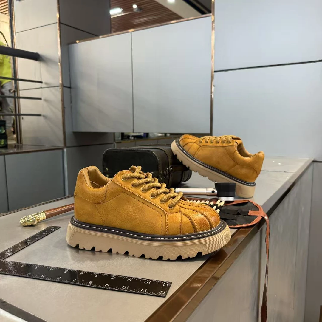 时尚休闲鞋百搭贝壳头系带工装鞋厚款纯色男鞋鞋子低帮秋冬厚底