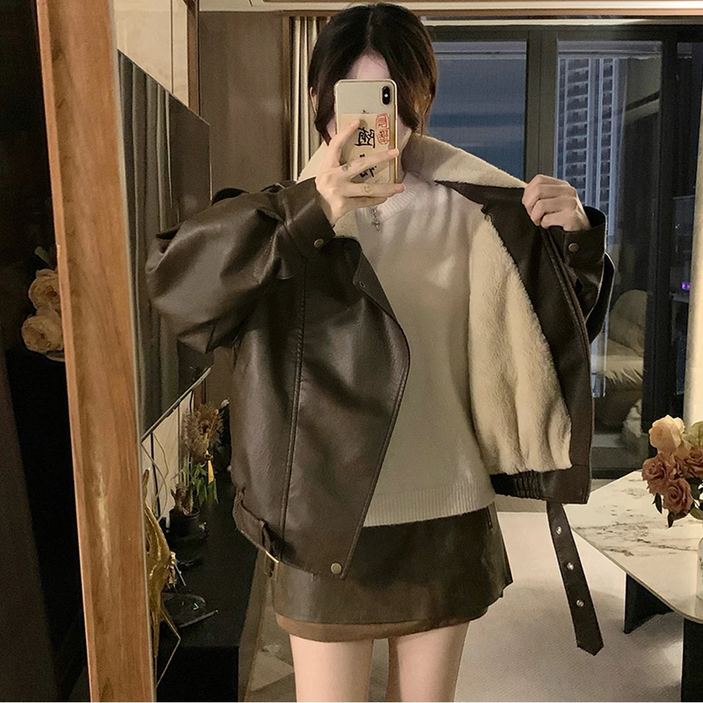 2025秋冬美式休闲棕色皮衣羊羔毛外套女设计感复古加绒棉衣夹克衫