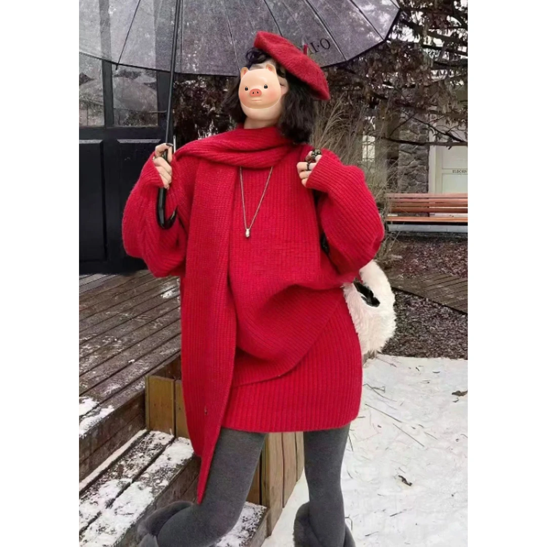 巨好看独特漂亮冬装一整套圣诞节红色围巾毛衣针织半身裙两件套装