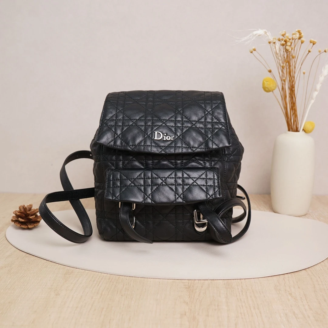 95新 DIOR/迪奥 迪奥双肩包黑银黛妃小号黑色羊皮/DS037235