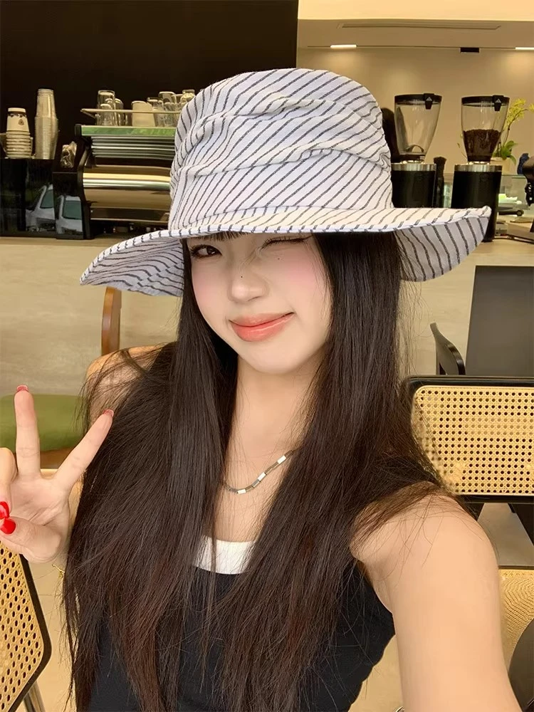夏季日系复古大帽檐白色条纹褶皱渔夫帽女 遮阳平顶防晒帽子盆帽
