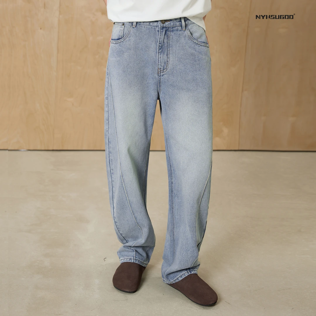 NYHSUGOO/南乙3496春夏水洗做旧喷马骝牛仔裤男士解构棉质长裤