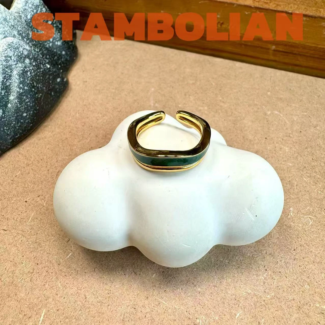 铜合金珐琅戒指 STAMBOLIAN 布契双拼绿珐琅开口戒指AE819