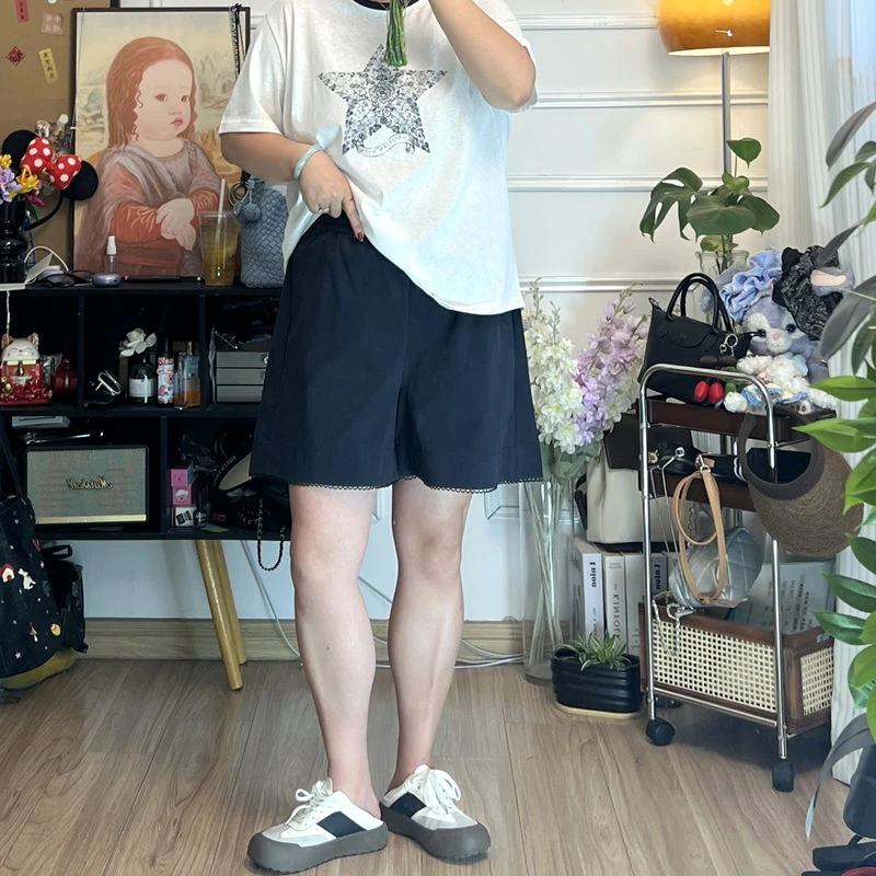 YZJ【轻松出街1.0】100棉 松紧腰大码遮胯藏肉显瘦宽松花边休闲短裤