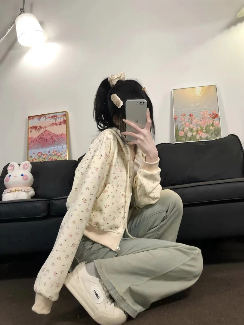 K3197原创美式复古甜美碎花连帽卫衣女宽松休闲拉链开衫外套