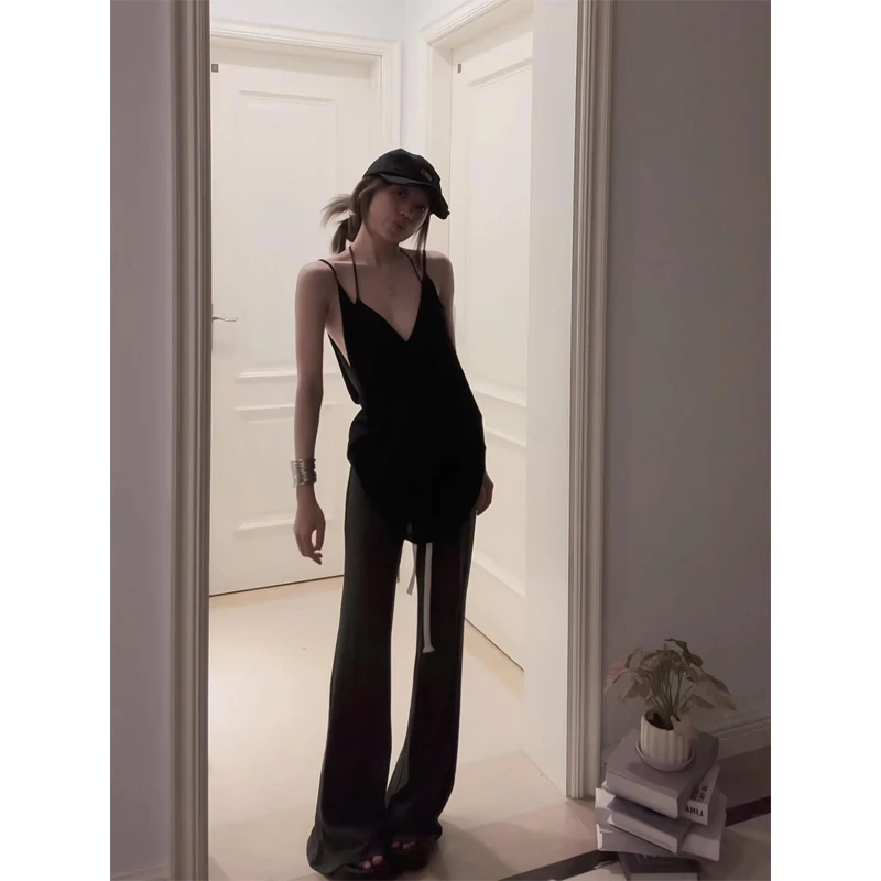 纯欲风V领气质露背吊带上衣宽松背心低腰长款拖地微喇休闲裤夏季