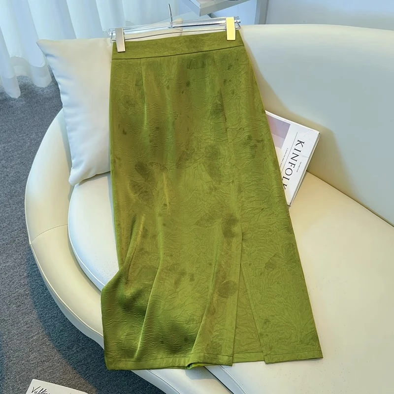 国风印花醋酸半身裙女夏季薄款2025新款显瘦中长款裙子开叉包臀裙