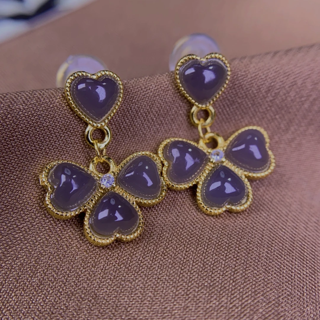 天然和田玉青海料精品烟紫冰紫罗兰925银四叶幸运草耳钉耳环@0157