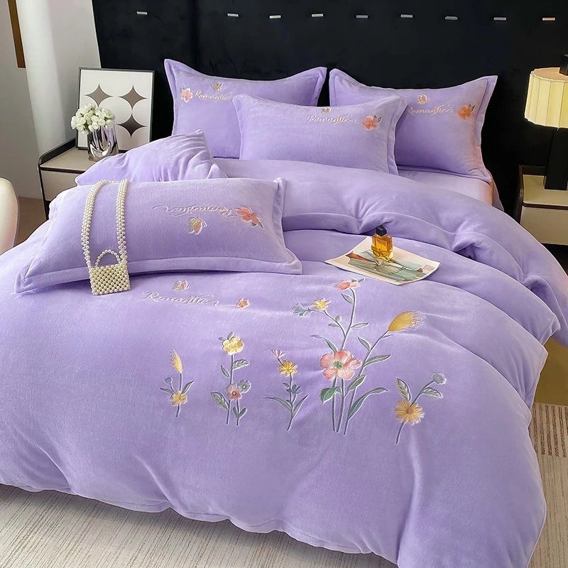 【秘密花园紫】加厚牛奶绒床上四件套防静电秋冬双面绒珊瑚绒冬季