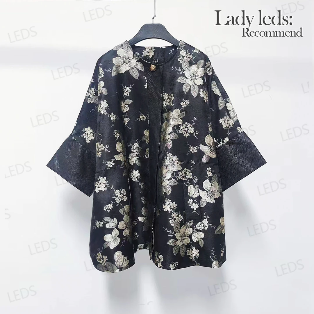 LEDS 989219【墨色花笺】秋季复古花卉宽松型印花外套皮衣