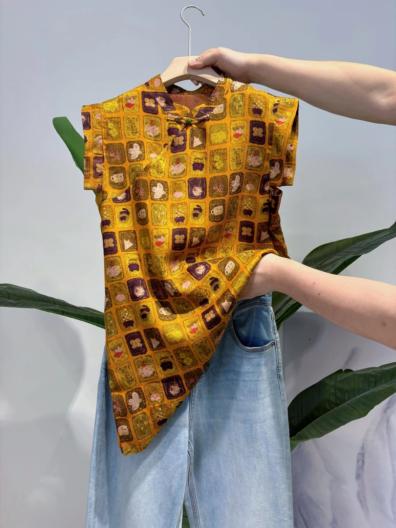 DY2621樱美嘉100桑蚕丝香云纱夏季新中式立领小飞袖叠穿奥黛上衣