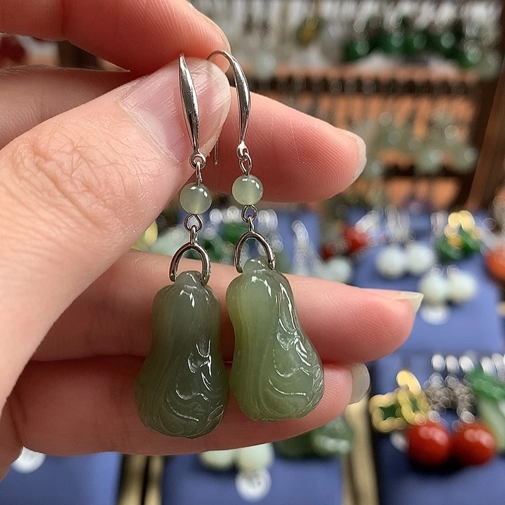 和田玉银S925镶嵌耳饰白菜22左右湖水绿