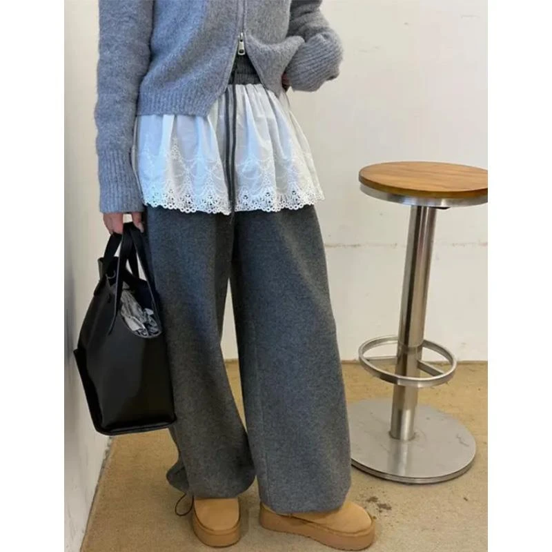 小个子纯色小众蕾丝拼接休闲裤女冬季新款韩版时尚高腰宽松束脚裤