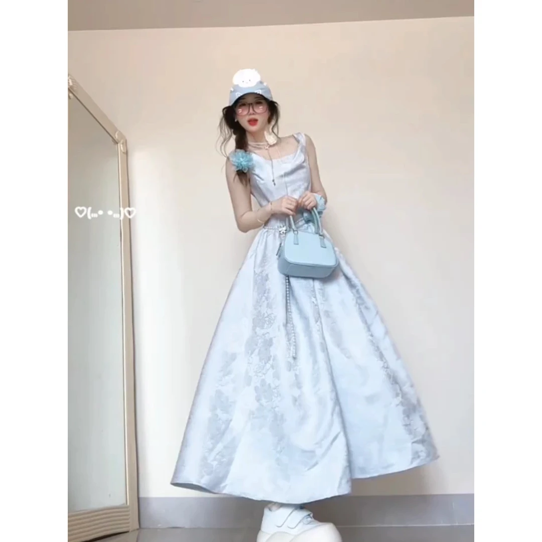 波可曼之旅法式复古收腰显瘦荡领提花吊带连衣裙