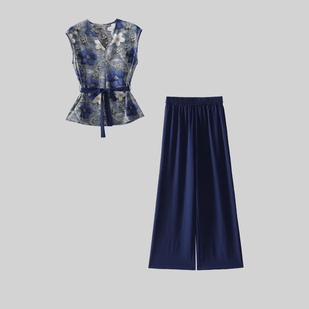 【三件套】时尚套装2025夏季新款减龄上衣+阔腿裤+腰带套装L0502