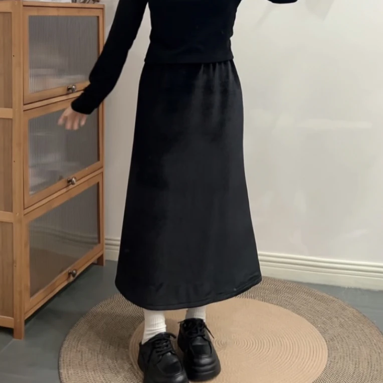 小个子秋冬加绒显瘦黑色丝绒鱼尾裙311