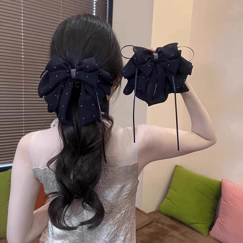 婉之恋满天星网纱蝴蝶结抓夹星空碎钻后脑勺夹子侧低马尾盘发头饰
