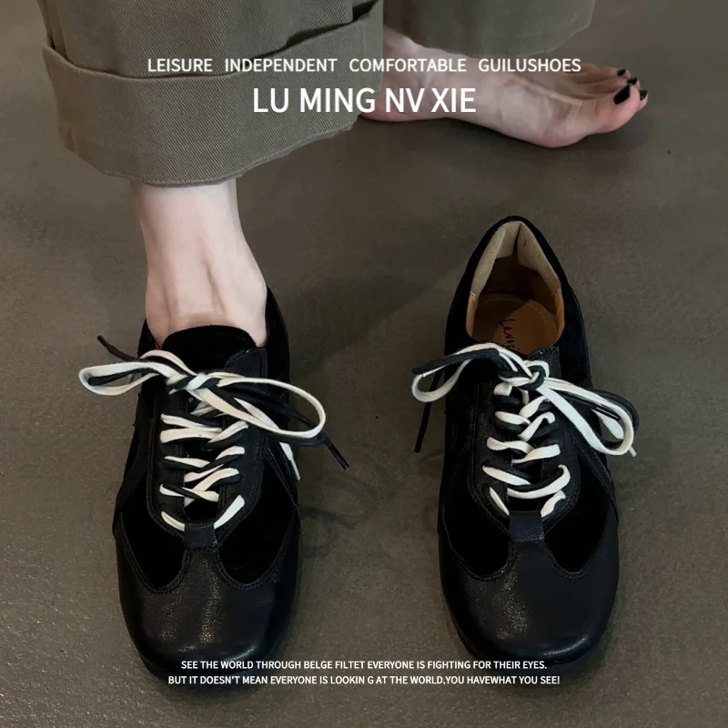 羊皮版~双色系带深口平底休闲板鞋复古方头复古灰色真皮德训板鞋