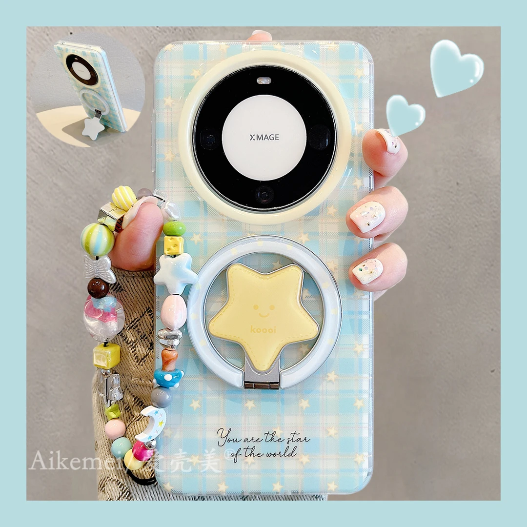 适用华为mate70pro+手机壳蓝格纹星星mate60pro+旋转折叠磁吸支架