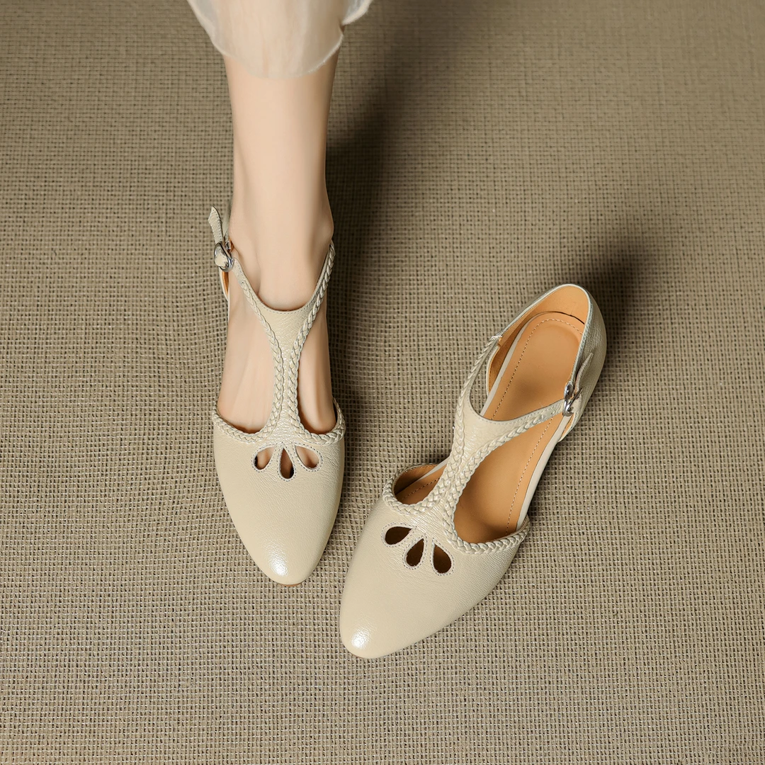 羊皮/3cm/法式包头低跟凉鞋女温柔韩系粗跟浅口夏季百搭真皮单鞋