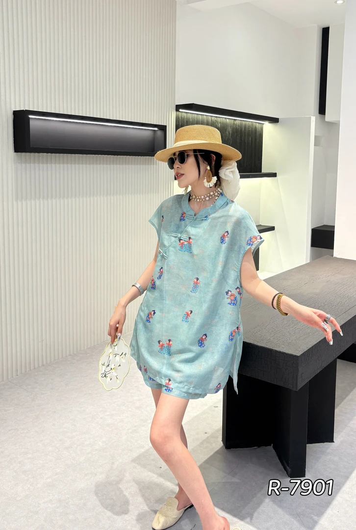 金润大美伊夏季新中式国风胖mm时髦套装高级感斜襟盘扣老钱风女装