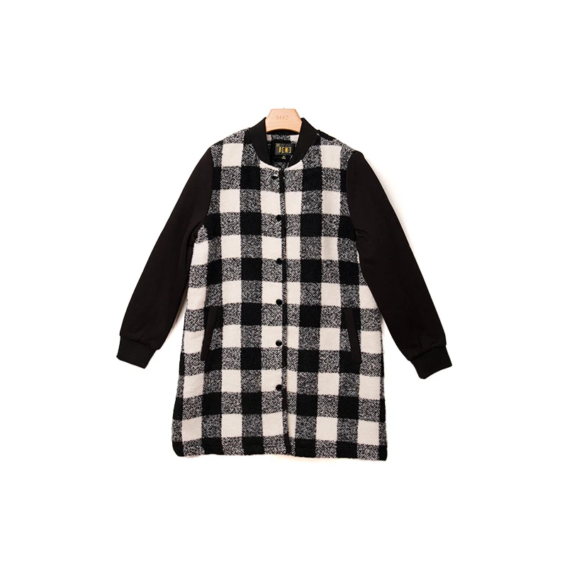 B5VBN168#格子外套女秋冬拼接中长宽松上衣