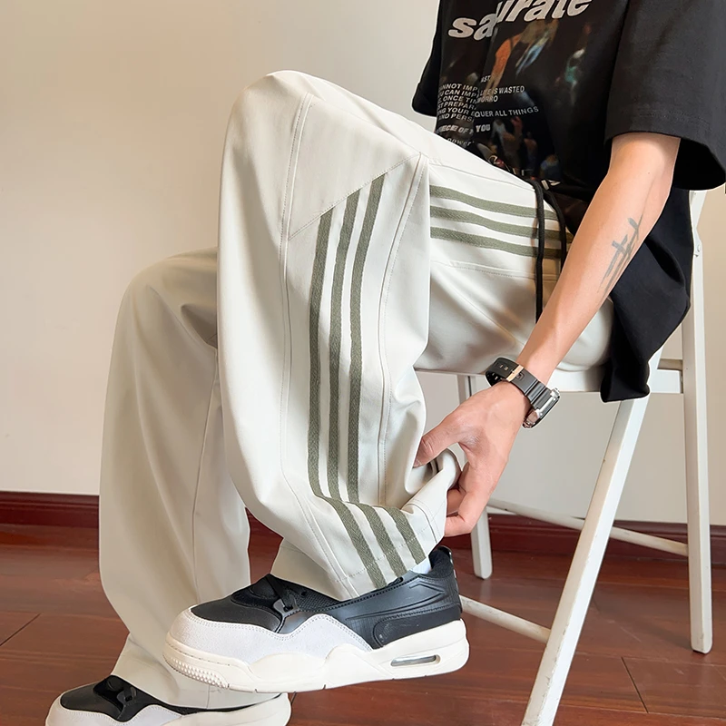 青少年夏季冰丝男士休闲裤百搭条纹垂感帅气空调裤宽松薄款阔腿裤