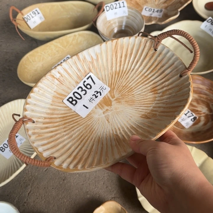 瓷367粗陶双耳碗异形盘
