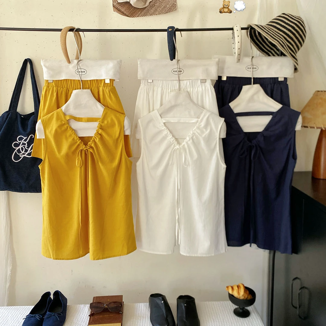 老钱气质无袖衬衫阔腿短裤女夏抽褶系带后背小心机两件套